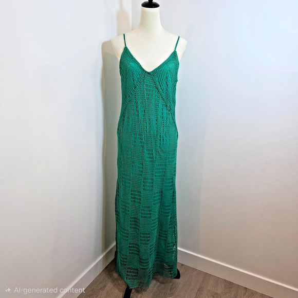 Zara Crochet Knit Maxi Dress Green Sleeveless Bohemian Beach Cover Up Medium - Picture 1 of 8